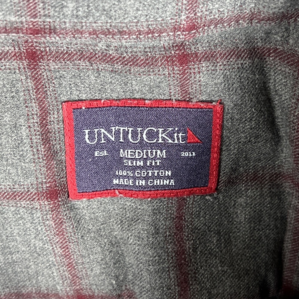 Untuckit Mens M Slim Fit Button Down Shirt Grey Burgundy Plaid Long Sleeve - Picture 8 of 11